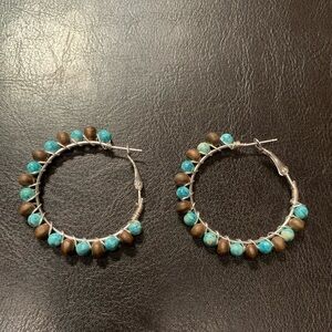 ⭐️2/$10 Turquoise and Wood Beaded Hoops Wire Wrapped Silver Earrings